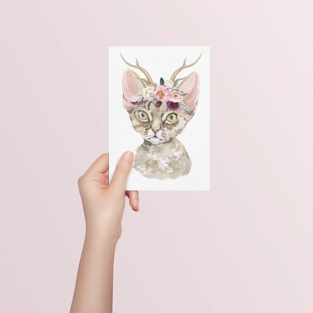 Watercolor Floral Devon Rex Cat Wall Art Illustration Print Poster Card Unframed - Picture 5 of 7